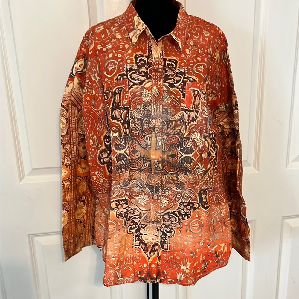 Bohemian Orange and Brown Button-Up Shirt